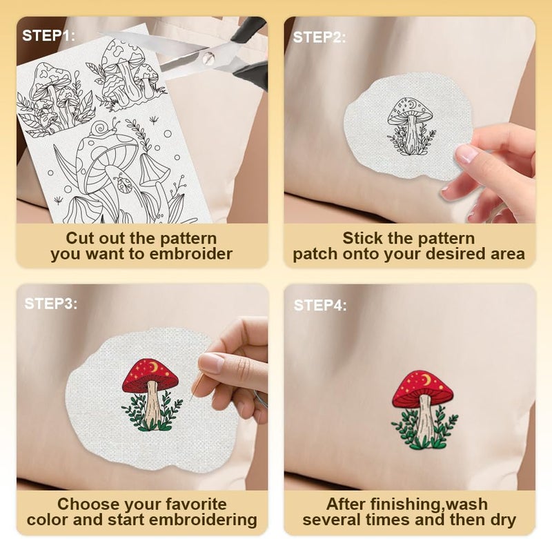 DOODLREAM 15Pcs Mushroom and Plant Embroidery Pattern Stabilizers, 8.3"x11.7" Mushroom Water Soluble Stick and Stitch Embroidery Stickers, 4 Sheets Hand Sewing DIY Plant Embroidery Paper - Image 4
